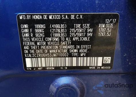 2018 Honda Hr-V Ex z USA, uszkodzony, nr VIN 3CZRU6H53JM710002